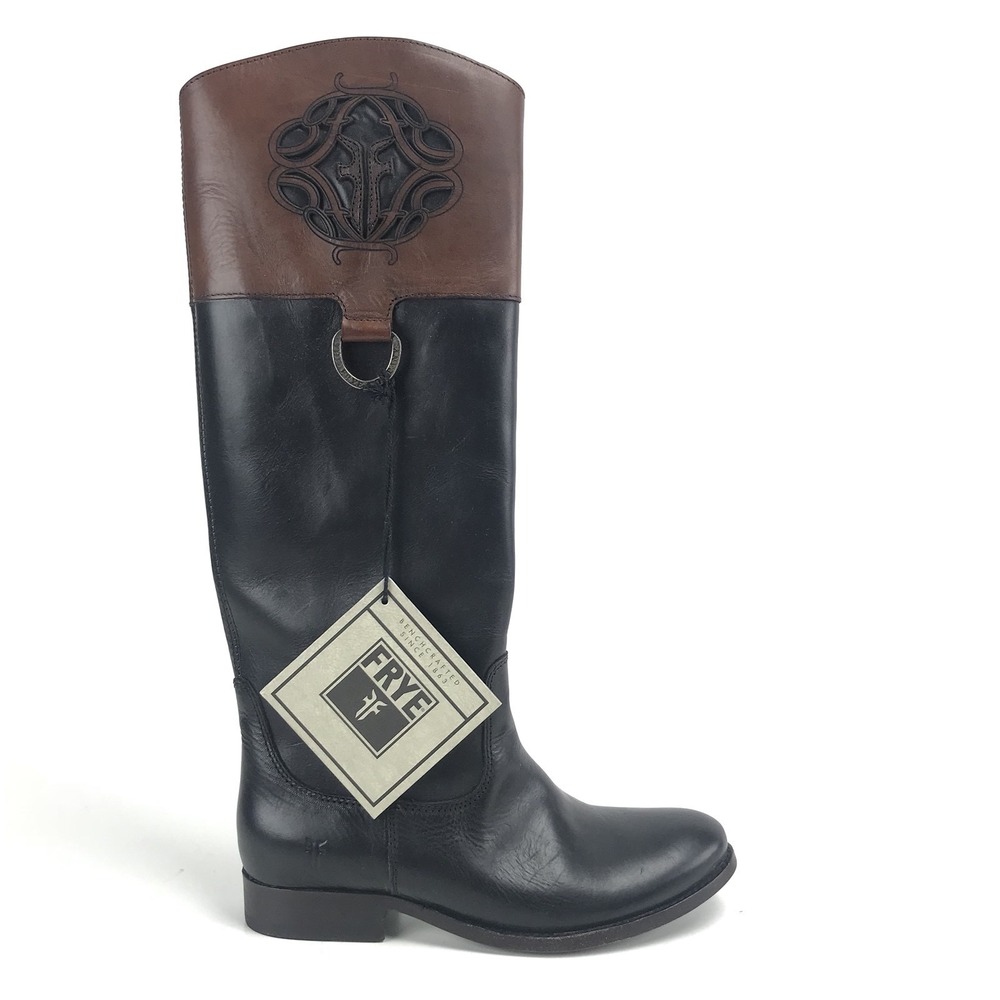 Frye Boots Size 6.5 Melissa Logo Black Brown Antiqued Polished Leather Rare